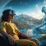 Ilustração editorial de espectador explorando uma narrativa cinematográfica imersiva com ambientes digitais tridimensionais