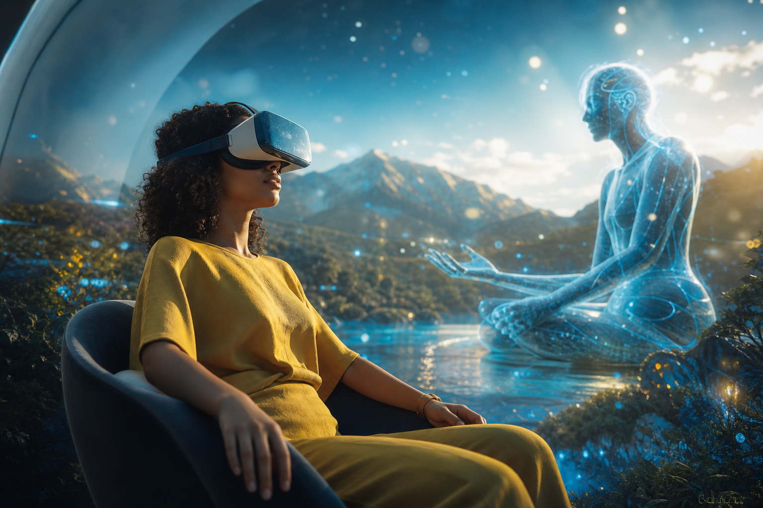 Ilustração editorial de espectador explorando uma narrativa cinematográfica imersiva com ambientes digitais tridimensionais