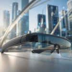 Óculos de realidade aumentada SPECS exibindo elementos digitais sobre um ambiente urbano, sem textos legíveis ou logotipos