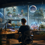 Desenvolvedor trabalhando em um ambiente tridimensional futurista com elementos de criação de mundos virtuais