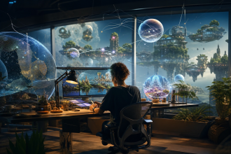 Desenvolvedor trabalhando em um ambiente tridimensional futurista com elementos de criação de mundos virtuais