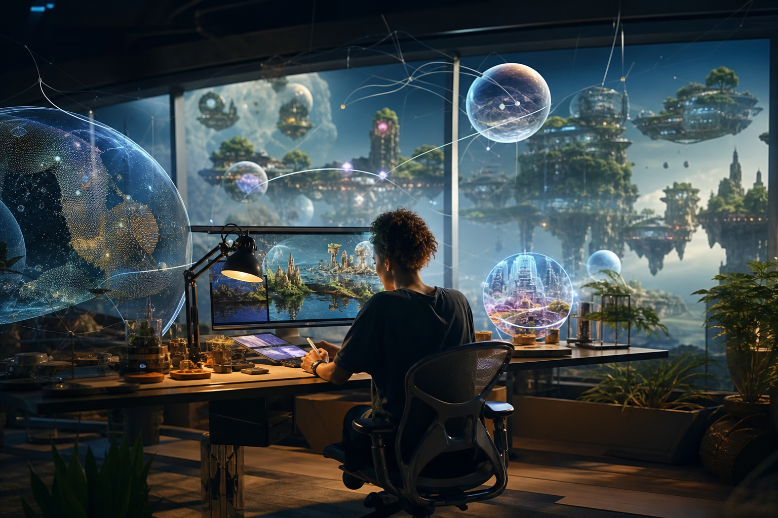 Desenvolvedor trabalhando em um ambiente tridimensional futurista com elementos de criação de mundos virtuais
