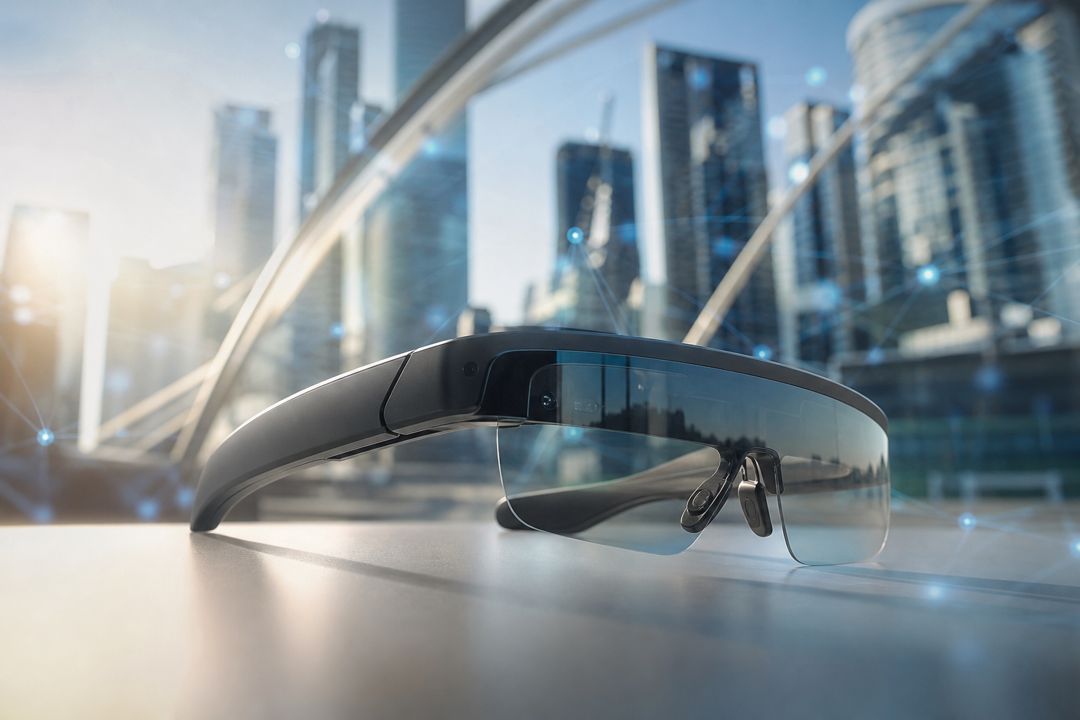Óculos de realidade aumentada SPECS exibindo elementos digitais sobre um ambiente urbano, sem textos legíveis ou logotipos