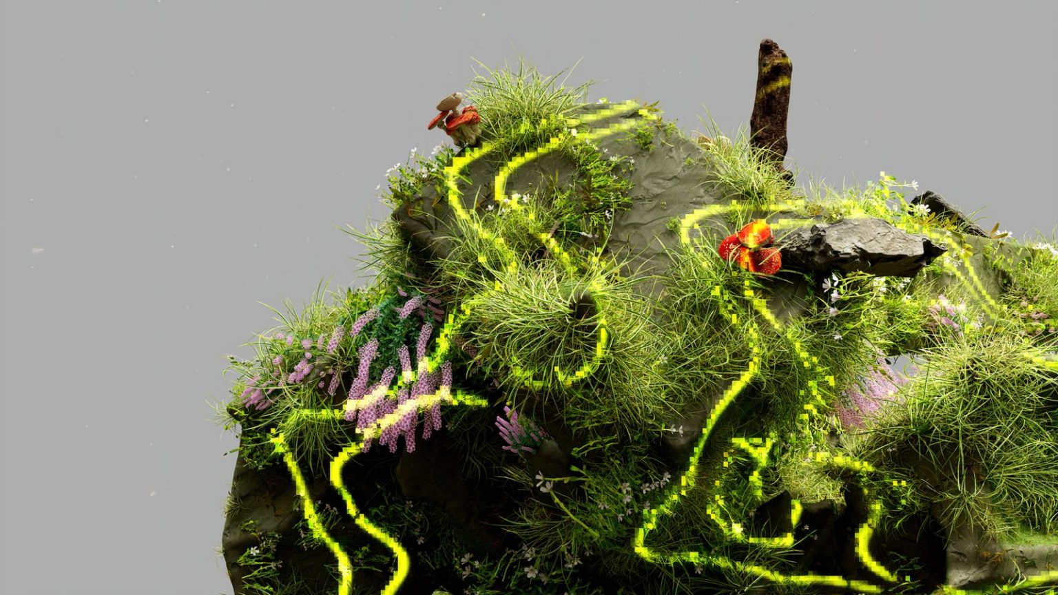 Paisagem conceitual que combina elementos naturais com estruturas digitais associadas à inteligência artificial.