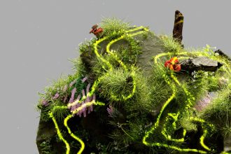 Paisagem conceitual que combina elementos naturais com estruturas digitais associadas à inteligência artificial.